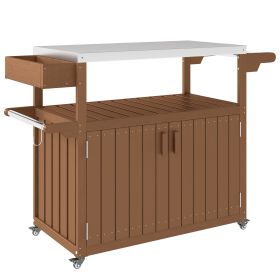 Outsunny Outdoor Bar Cart with Storage, Stainless Steel Outdoor Bar Table Top, Wheeled HDPE Kitchen Island for Food Prep, Brown