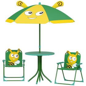 Qaba Kids Picnic Table and Chair Set, Outdoor Activity Table with Foldable Chairs, Height Adjustable Umbrella, Green