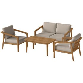 Outsunny 4 Pieces Acacia Wood Patio Furniture Set, Outdoor Sofa Conversation Set w/ Thickened Cushions for Backyard Garden, Teak