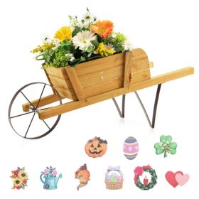 2 In 1 Wheelbarrow Planter, Wooden Wagon Planter with 9 Magnetic Accessories for Garden Yard