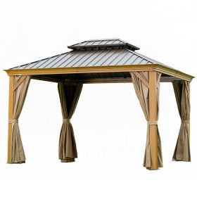 12'x14' Hardtop Gazebo, Wooden Coated Aluminum Frame Canopy with Galvanized Steel Double Roof