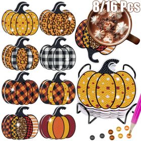 8 Pcs Fall Pumpkin Rhinestones Art Painting Coasters with Holder 8 Style Cute Pumpkin Non Slip Acrylic Round Cup Coaster Art Supplies for Beginne
