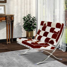 Mid-century Horse Fur Leather Lounge Chair Club Seat Chair Foldable high-end accent Chair , ottoman (Model: Lounge chair Only, Color: White + Brown)
