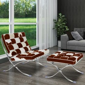 Mid-century Horse Fur Leather Lounge Chair Club Seat Chair Foldable high-end accent Chair , ottoman (Model: Lounge chair with ottoman, Color: White + Brown)