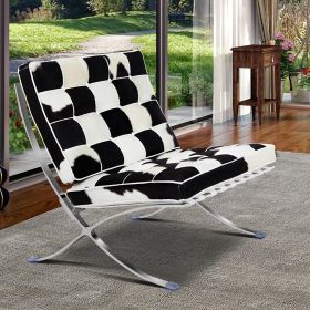 Mid-century Horse Fur Leather Lounge Chair Club Seat Chair Foldable high-end accent Chair , ottoman (Model: Lounge chair Only, Color: White + Black)