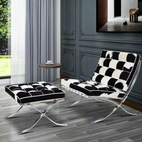 Mid-century Horse Fur Leather Lounge Chair Club Seat Chair Foldable high-end accent Chair , ottoman (Model: Lounge chair with ottoman, Color: White + Black)
