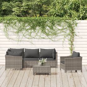 6 Piece Patio Lounge Set with Cushions Gray Poly Rattan (Color: Gray)