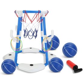 Summer Pool Basketball Hoop Toy Set With 4 Basketballs 4 Circles Pump Floating Swimming Pool Basketball Games Poolside Water Play Toy For 3-12Yea (Color: Blue)