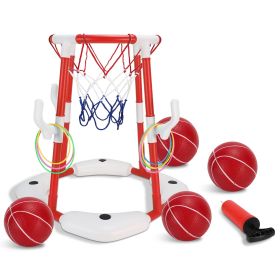 Summer Pool Basketball Hoop Toy Set With 4 Basketballs 4 Circles Pump Floating Swimming Pool Basketball Games Poolside Water Play Toy For 3-12Yea (Color: Red)