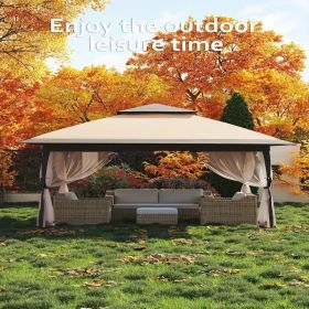 13x13FT Outdoor Pop Up Canopy Tent with Netting Adjustable Height Top Heavy Duty Steel Frame UV50 Plus Sun Protection Easy Setup Shelter for Camp (Color: Khaki + Light Khaki)