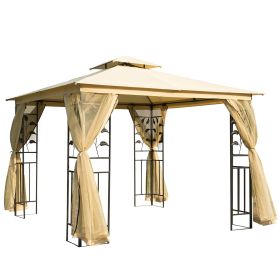 10' x 10' Metal Patio Gazebo, Double Roof Outdoor Gazebo Canopy Shelter with Tree Motifs Corner Frame and Netting, for Garden, Lawn, Backyard (Color: as Pic)